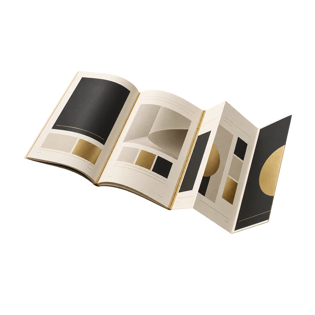 Continuous editorial layout seamlessly folding from open catalog into a tri-fold brochure