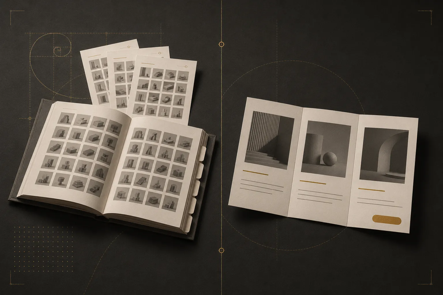 Side-by-side comparison of multi-page printed catalog, responsive digital e-catalog PDF, and compact tri-fold brochure format