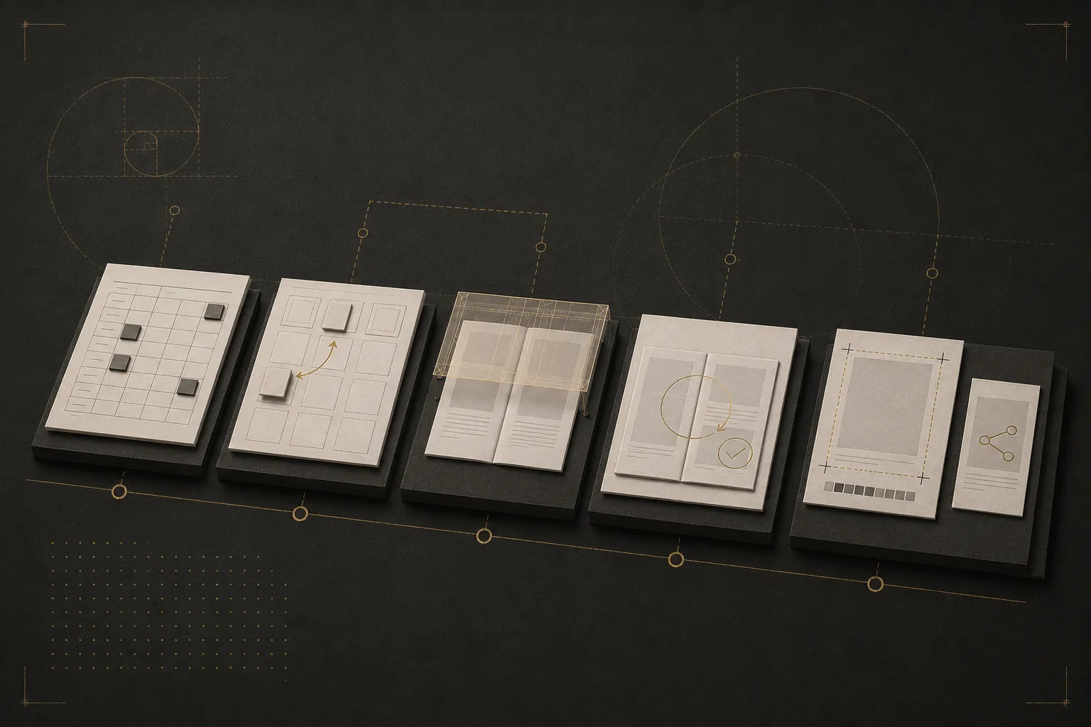 Catalog design workflow progressing through inventory collation, grid creation, typesetting, proofing, and press file generation