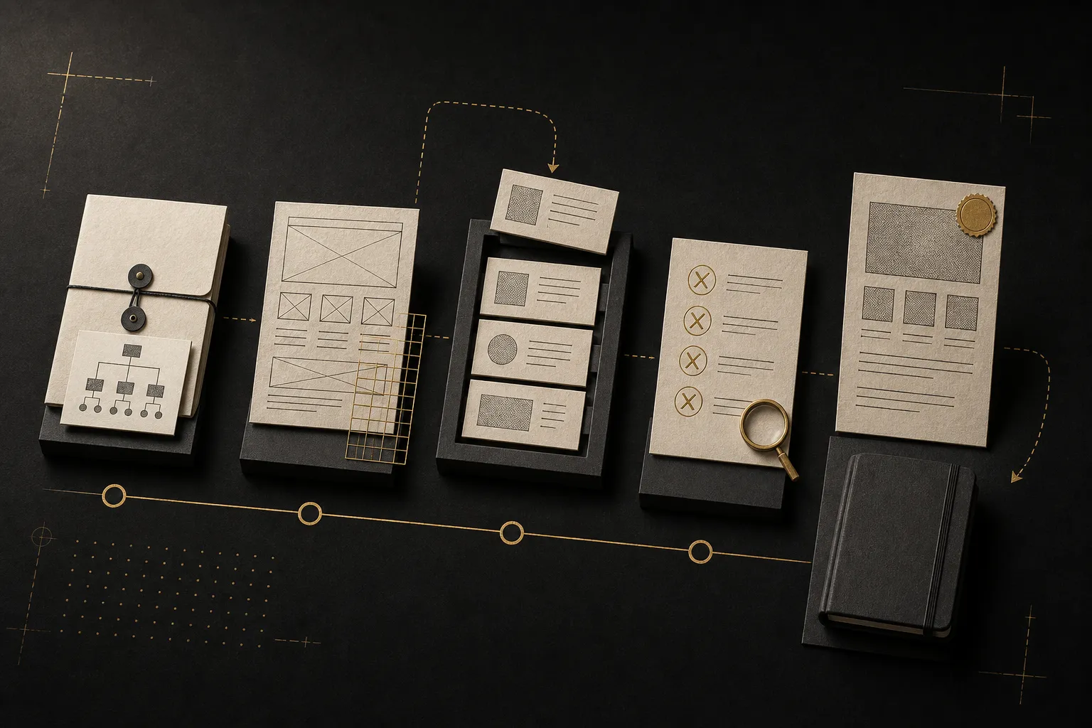 Web projesinin beş adımı: keşif, wireframe, geliştirme, test kontrolleri ve yayın