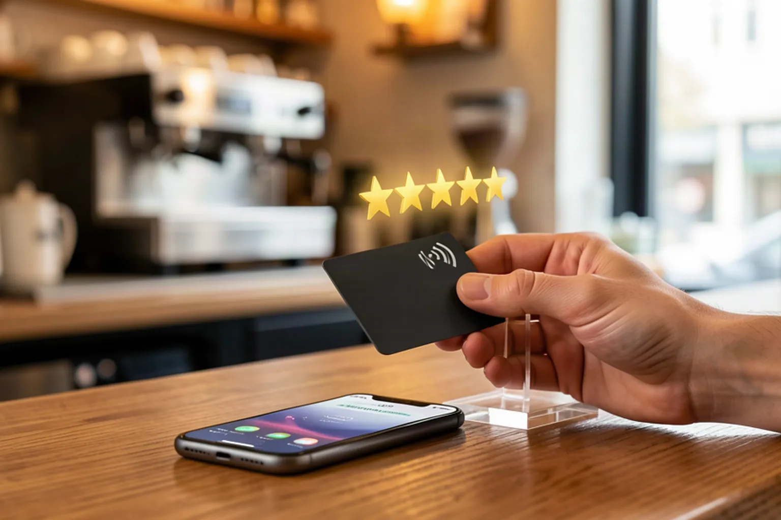 Kafe tezgahında müşteri telefonunu NFC yorum kartına dokundururken beş yıldız yorum ekranı