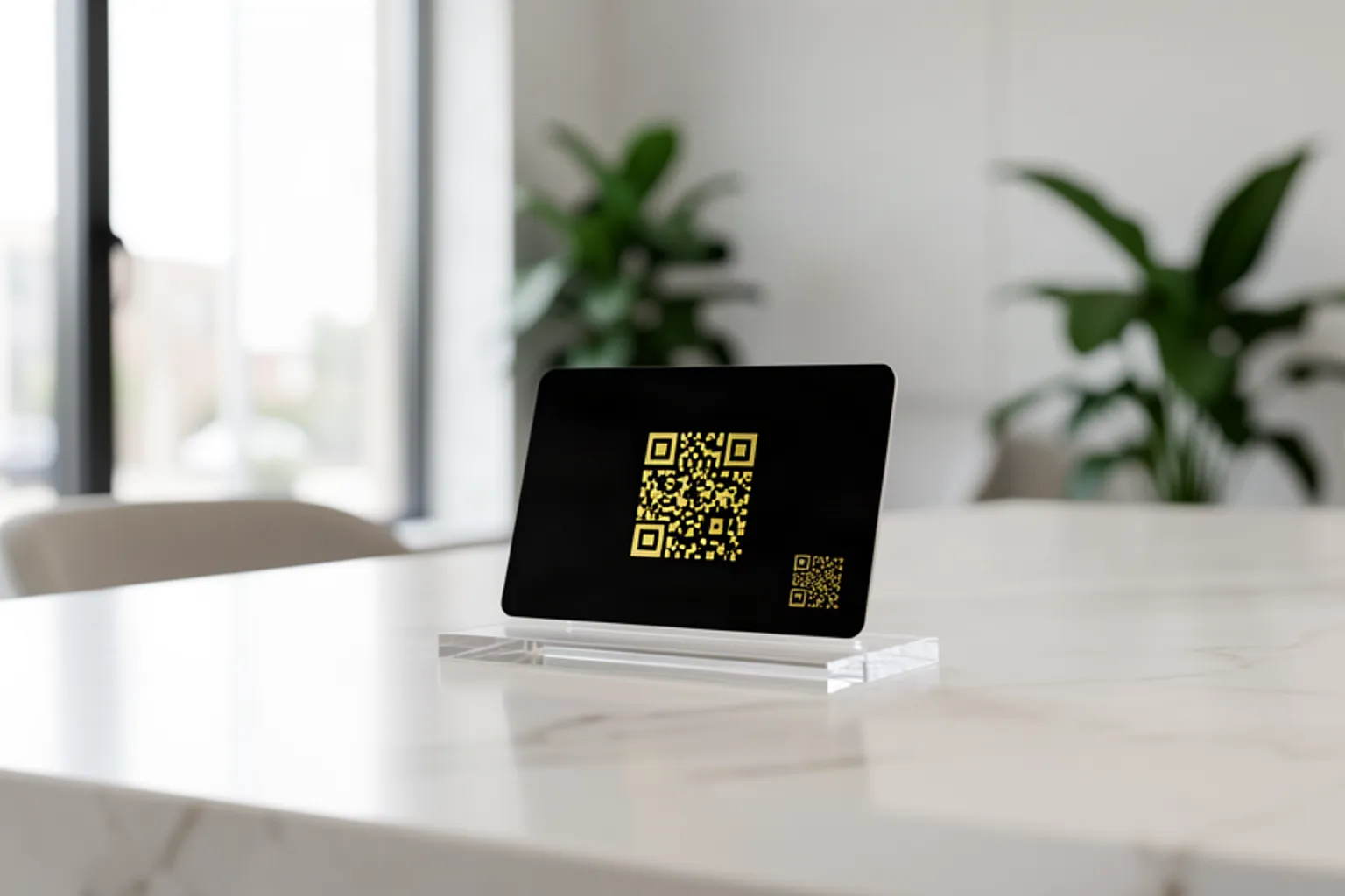 Modern klinik resepsiyonunda akrilik stand içinde QR kodlu Google yorum kartı