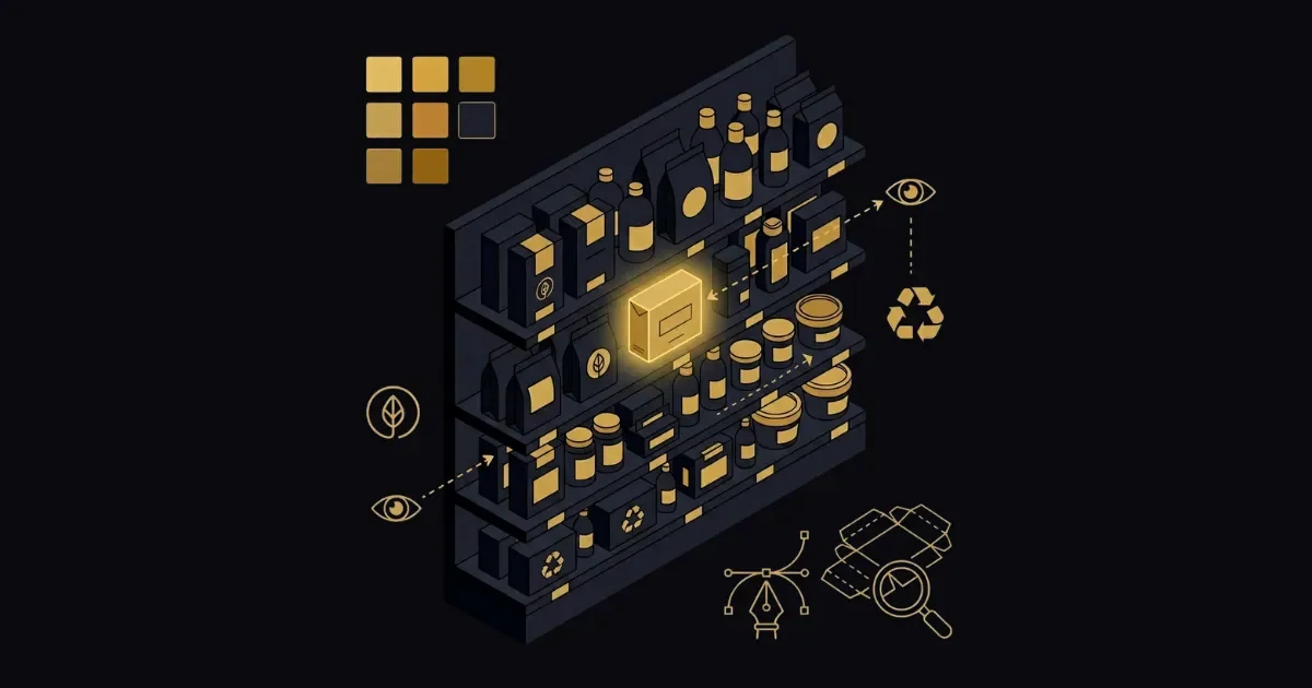 Ambalaj tasarım sürecini gösteren, farklı ürün ambalajları ve raf görünümü illüstrasyonu