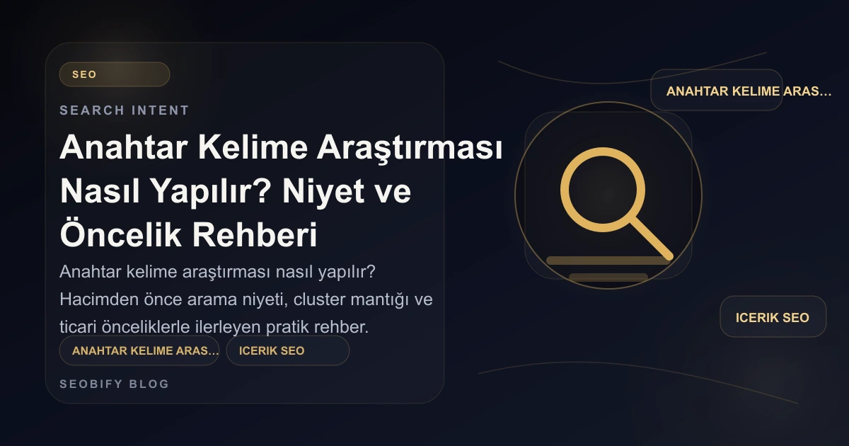 Anahtar kelime araştırması, arama niyeti ve içerik önceliklendirmesini gösteren altın tonlu blog kapak görseli