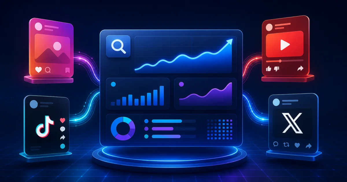 Google Search Console paneline bağlanan Instagram, YouTube, TikTok ve X içerik kartlarını gösteren illüstrasyon