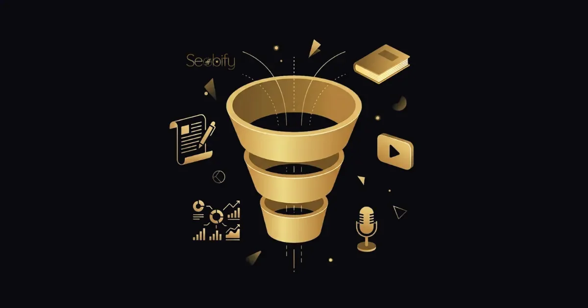 İçerik pazarlaması stratejisini gösteren, satın alma hunisi ve içerik formatları illüstrasyonu