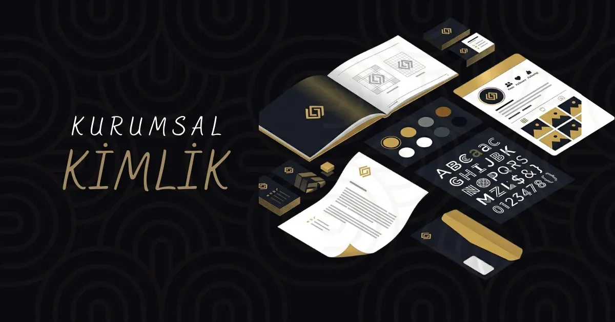 Kurumsal kimlik unsurlarını gösteren, logo, renk paleti, tipografi ve matbu malzeme illüstrasyonu