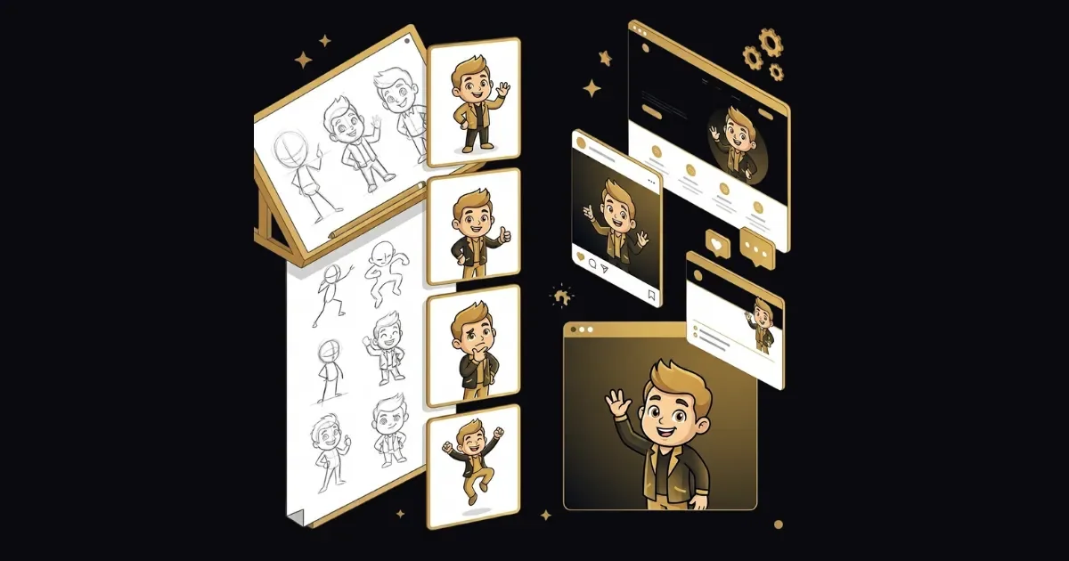 Marka maskot tasarımı sürecini gösteren, karakter geliştirme ve kullanım alanları illüstrasyonu