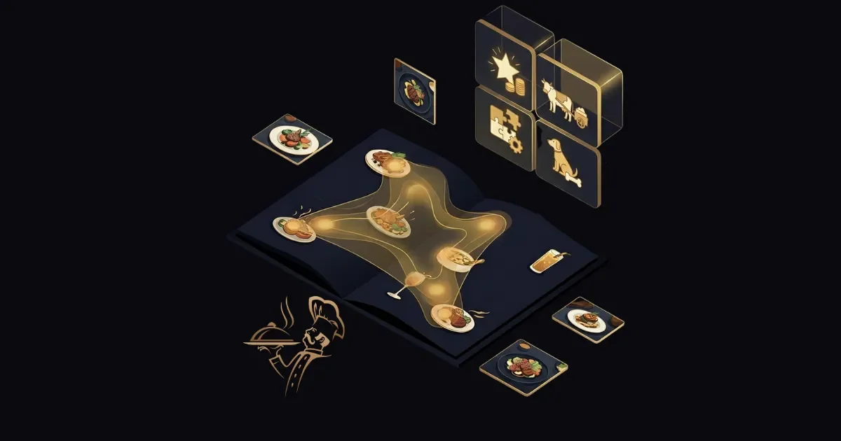 Restoran menü tasarım sürecini gösteren, menü mühendisliği ve görsel hiyerarşi illüstrasyonu