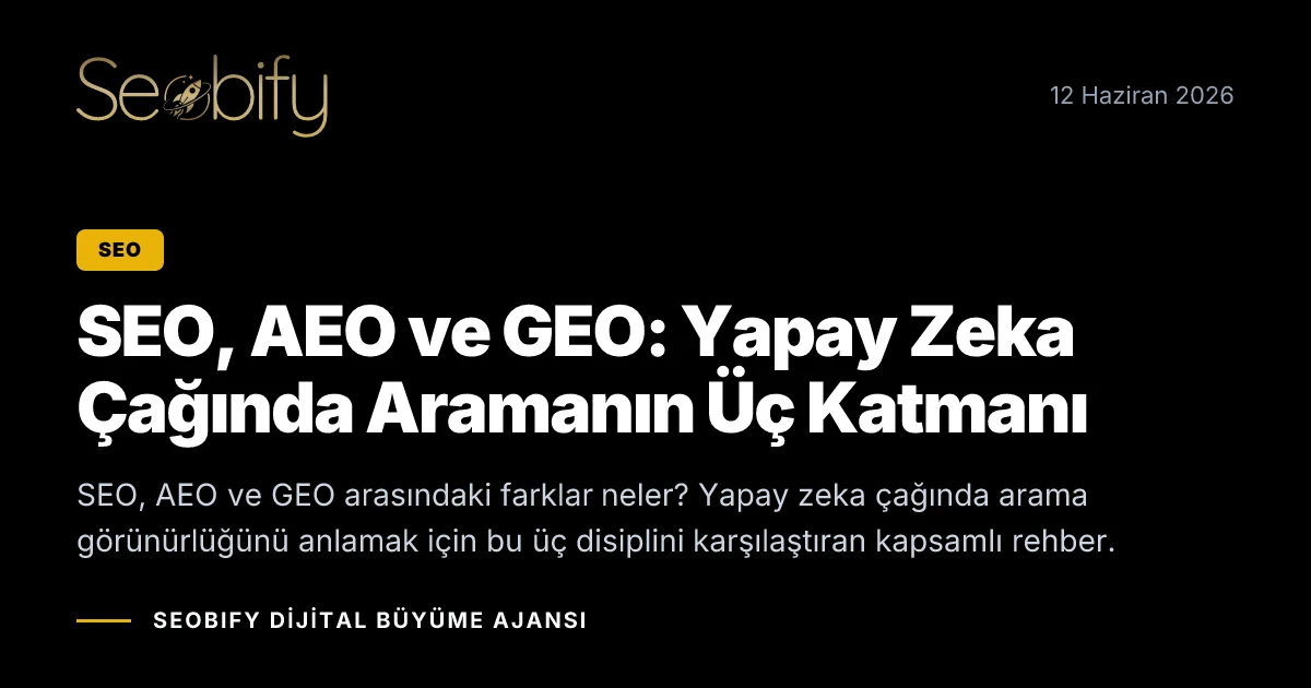 SEO, AEO ve GEO kavramlarını karşılaştıran, aramanın üç katmanını gösteren dijital illüstrasyon