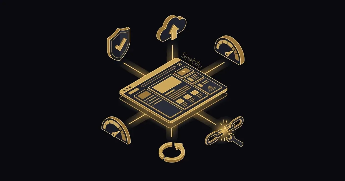 Web sitesi bakım sürecini gösteren, güvenlik, performans ve yedekleme adımları illüstrasyonu