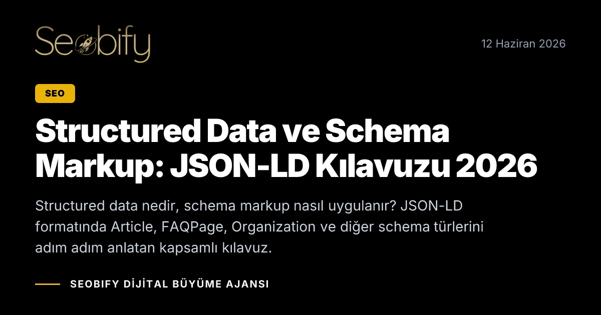 Structured data ve schema markup JSON-LD kodunu gösteren, rich results kavramını anlatan teknik SEO illüstrasyonu