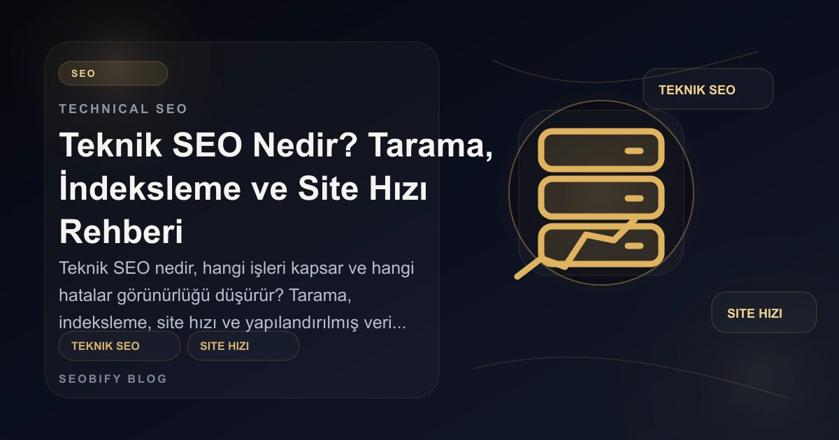 Teknik SEO, site hızı, tarama ve indeksleme katmanlarını gösteren altın tonlu blog kapak görseli