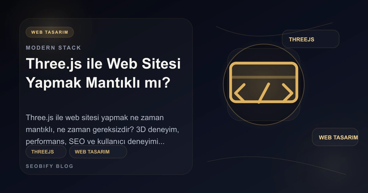 Three.js ile 3D web deneyimi ve performans dengesini gösteren altın tonlu blog kapak görseli