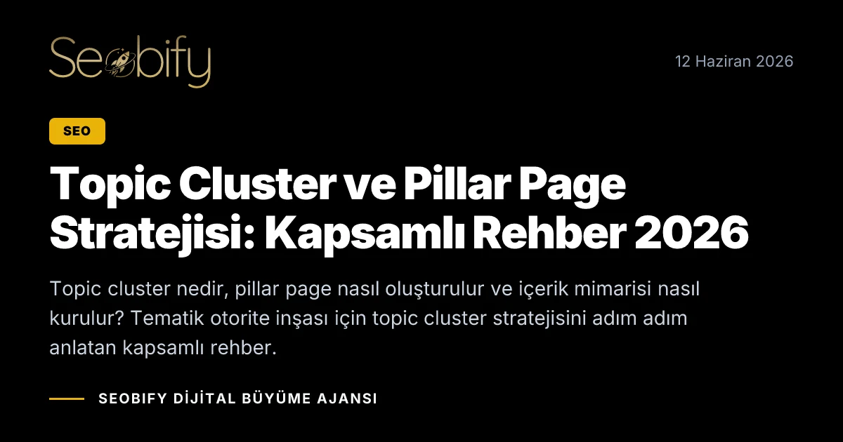 Topic cluster ve pillar page yapısını gösteren, içerik mimarisini anlatan SEO strateji illüstrasyonu