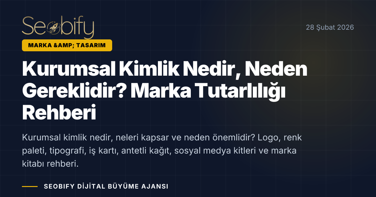 Kurumsal kimlik unsurlarını gösteren, logo, renk paleti, tipografi ve matbu malzeme illüstrasyonu