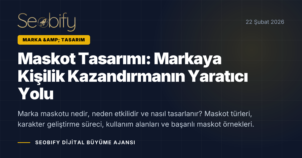 Marka maskot tasarımı sürecini gösteren, karakter geliştirme ve kullanım alanları illüstrasyonu