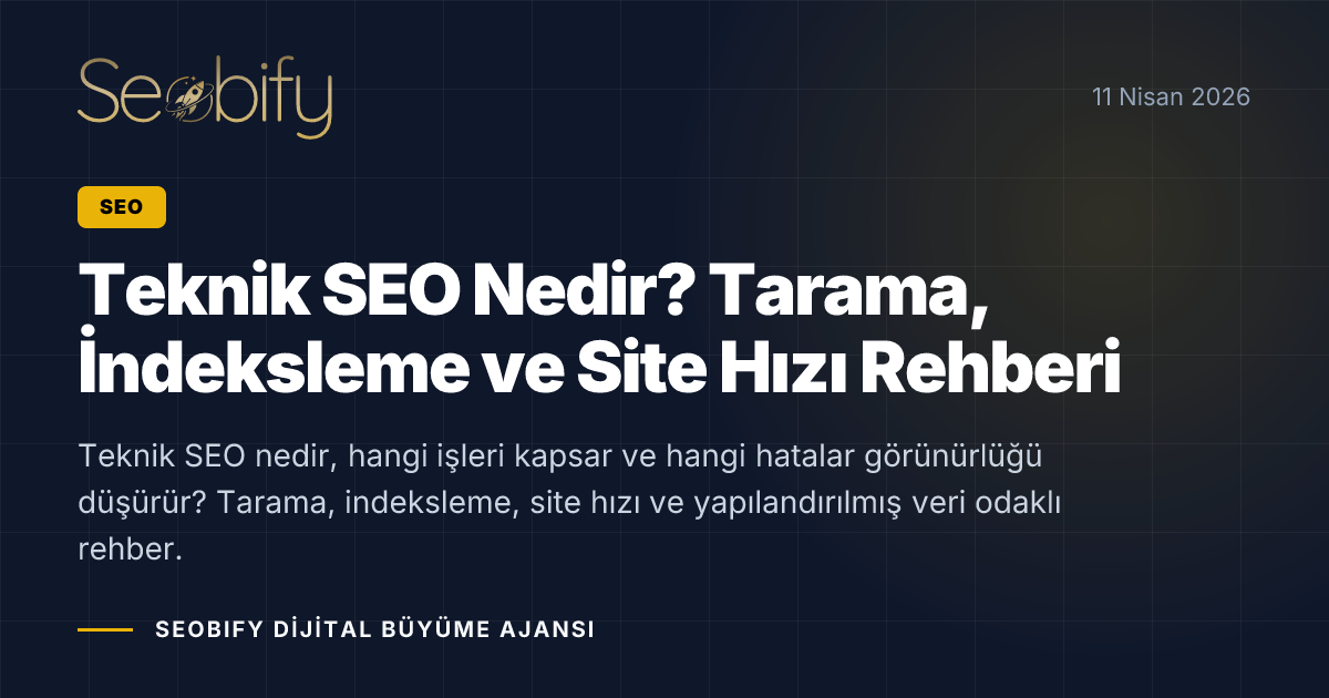 Teknik SEO, site hızı, tarama ve indeksleme katmanlarını gösteren altın tonlu blog kapak görseli