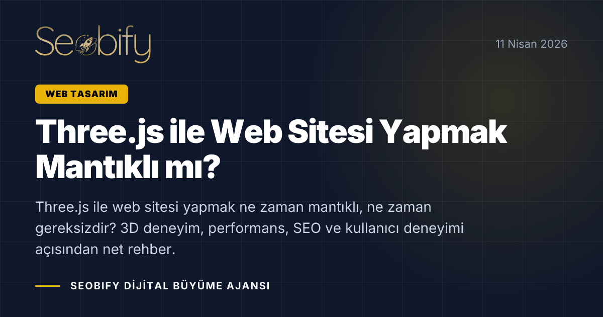 Three.js ile 3D web deneyimi ve performans dengesini gösteren altın tonlu blog kapak görseli