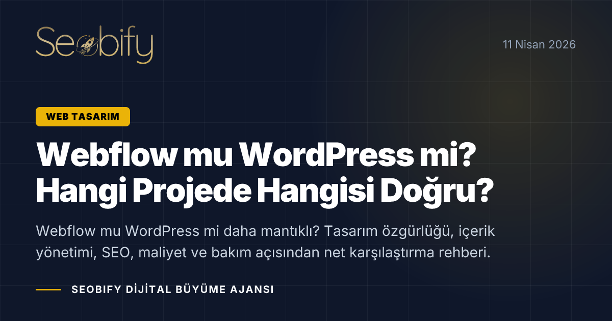 Webflow ve WordPress altyapılarını karşılaştıran altın tonlu blog kapak görseli